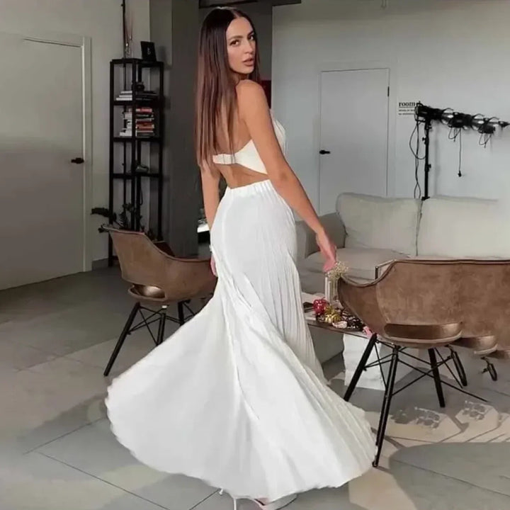 Vestido largo off white plisado Modern Keisy elegante y sofisticado