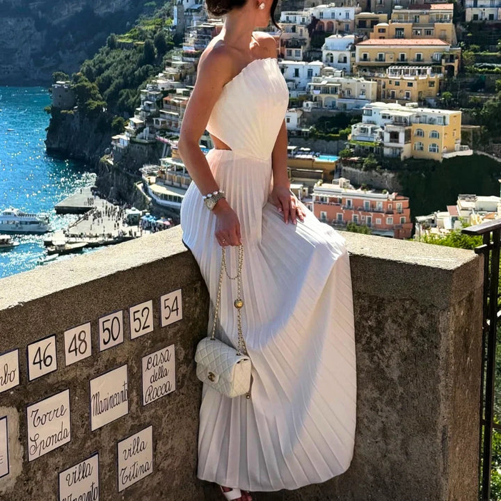 Vestido largo off white plisado Modern Keisy elegante y sofisticado