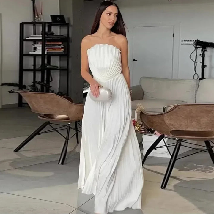 Vestido largo off white plisado Modern Keisy elegante y sofisticado